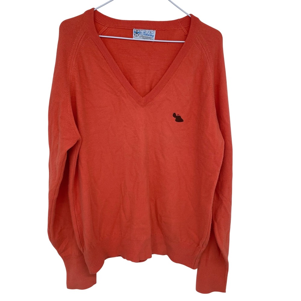Vintage 80s 90s Pickering V‎ Neck Sweater Large Pinkish Orange Pullover USA Made